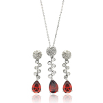 wholesale 925 sterling silver red teardrop round hanging stud earring & hanging necklace set