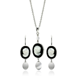 wholesale 925 sterling silver black onyx mother of pearl cameo earring & dangling necklace set