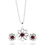 wholesale 925 sterling silver open flower center red round stud earring & necklace set